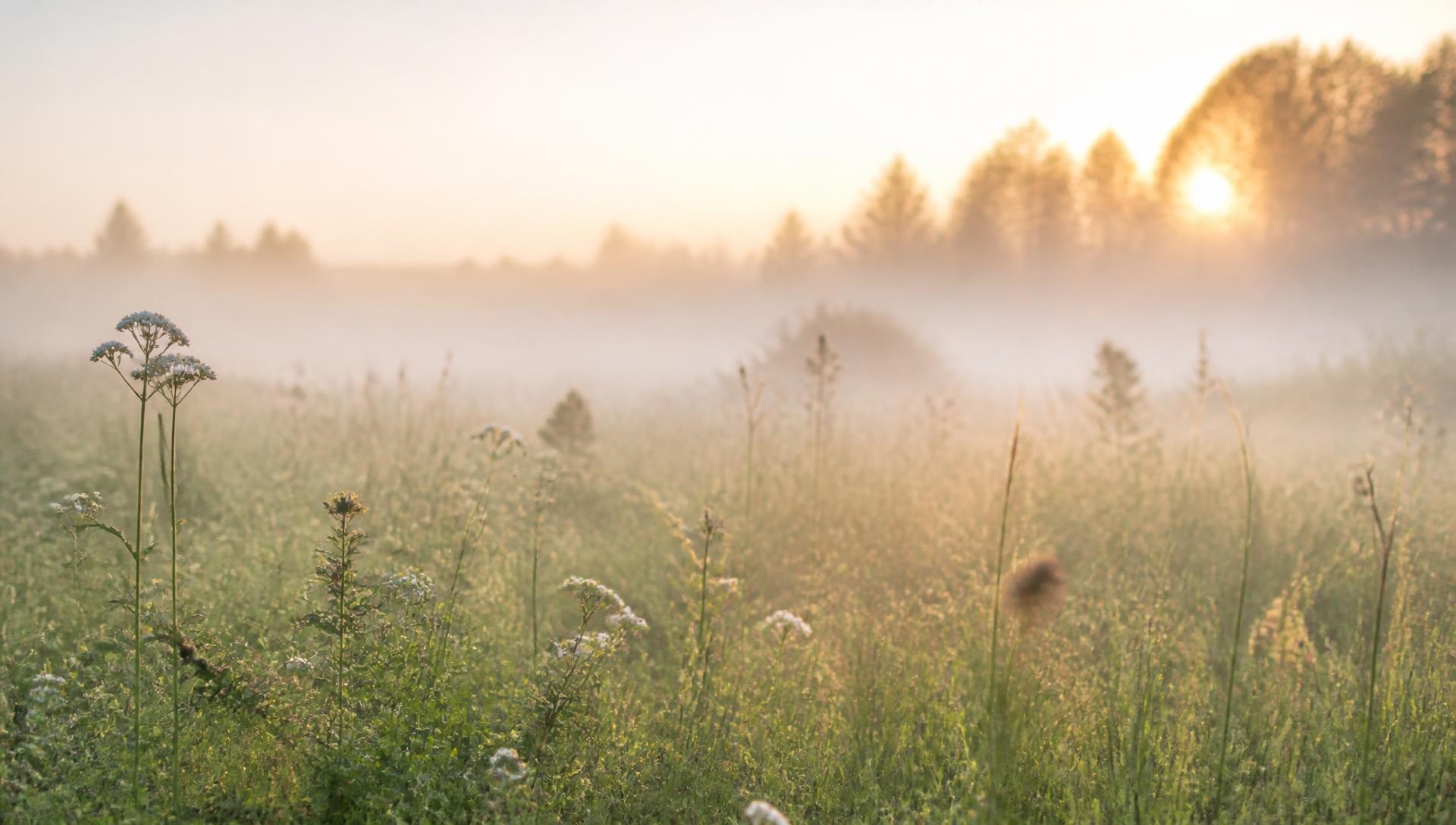 Soft misty meadow at dawn