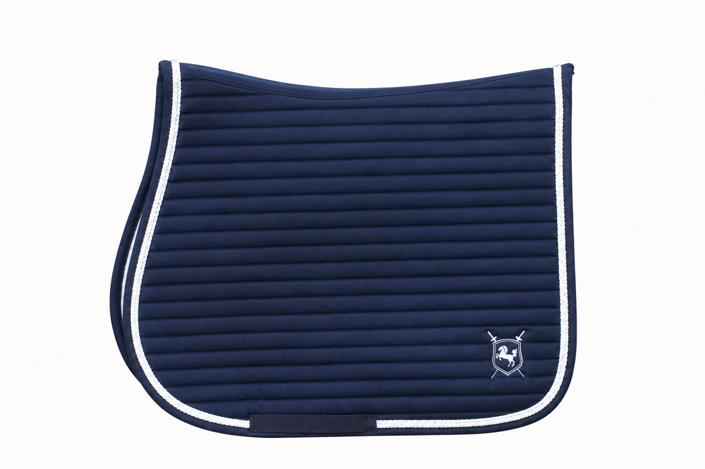 Navy quilted all-purpose saddle pad with silver piping and shield emblem